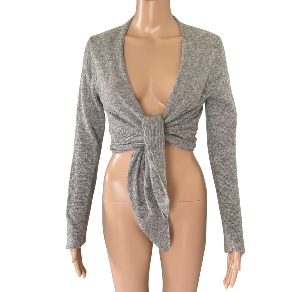 Garnet Hill 100% Cashmere Tie Front Shrug Sweater Gray Cropped Bolero S